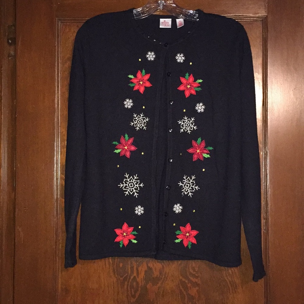 🎄Christmas cardigan with poinsettias & snowflakes